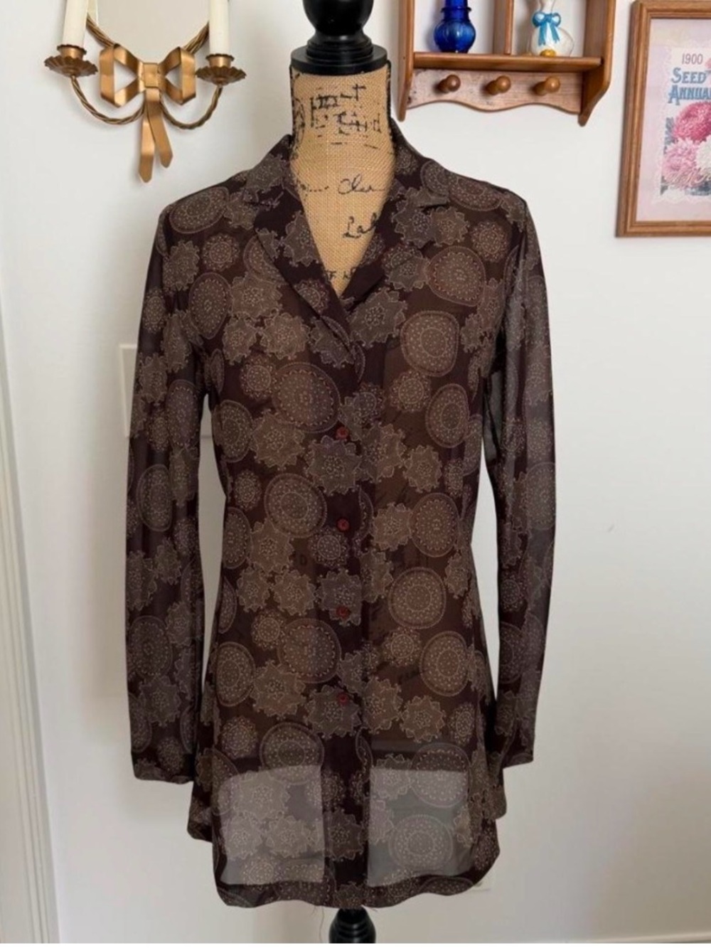 Vintage 90’s Express Compagnie Boho Sheer Brown Paisley Indie Tunic Blouse Large